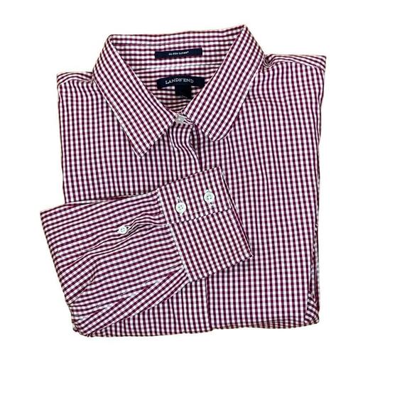 💰Lands End Red Check No Iron Supima Cotton Popover Dress Shirt - Size 18 - Picture 1 of 11
